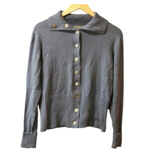 Mark Shale Slate Blue Button-Front Turtleneck Cardigan 100% Cotton Large Classic